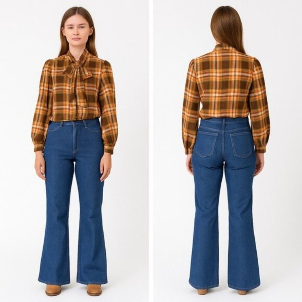 Vintage Plaid Tie Bow Neck Blouse